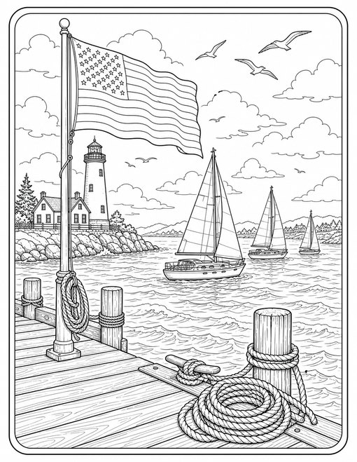 American Flag 016 Harbor Flag And Sailboats
