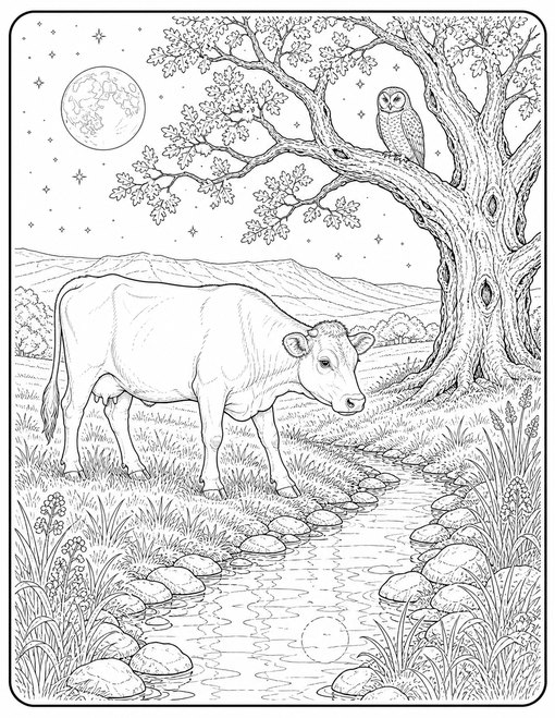 Cow Moonlit Meadow