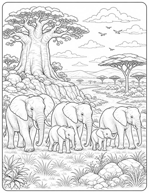 Elephant Herd Baobab