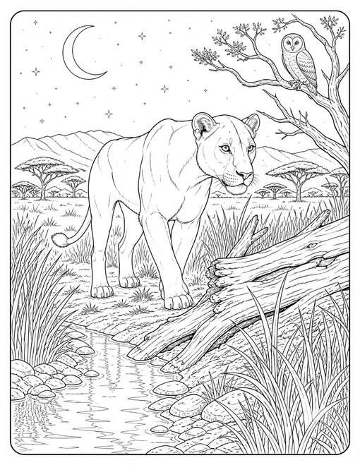 Lioness Night Grassland